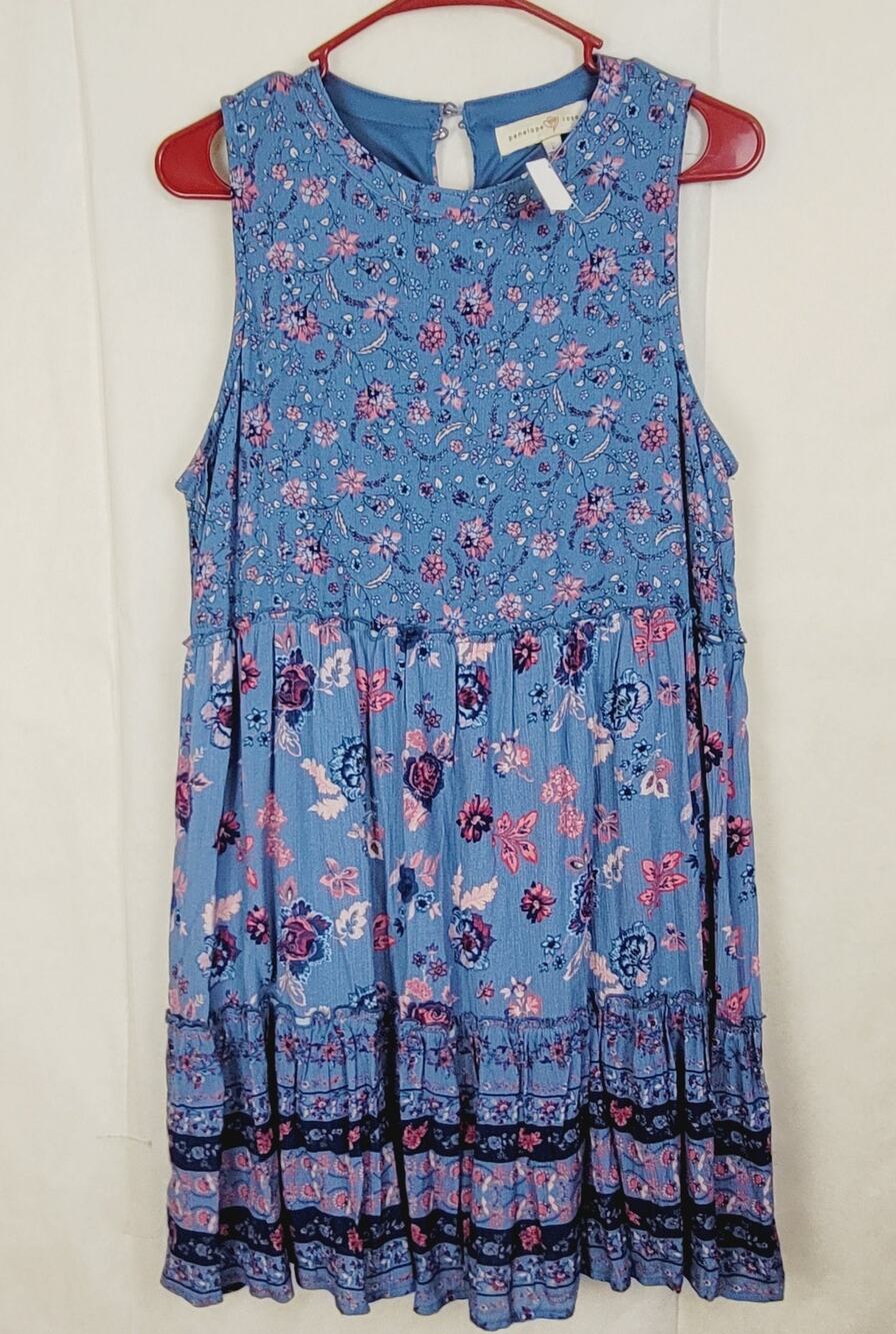 New Penelope Rose blue mixed floral print tiered dress Size Large Cottage Boho